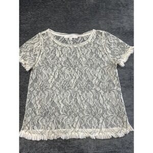 Ann Taylor LOFT Women's XXSP Cream Sheer Lace Short Sleeve Round Neck Blouse